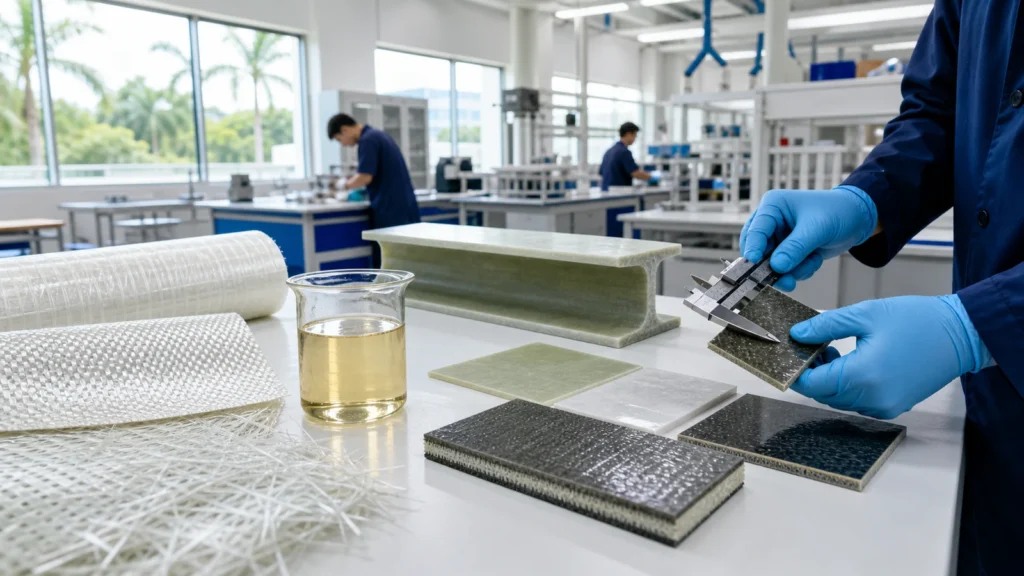 Kiểm tra UPR resin, sợi thủy tinh và mẫu laminate FRP trong phòng kỹ thuật