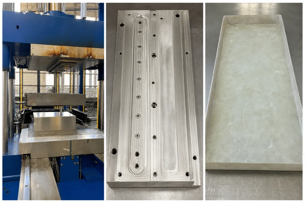 SMC compression press, mould and demoulded component reference for SIHE 8200