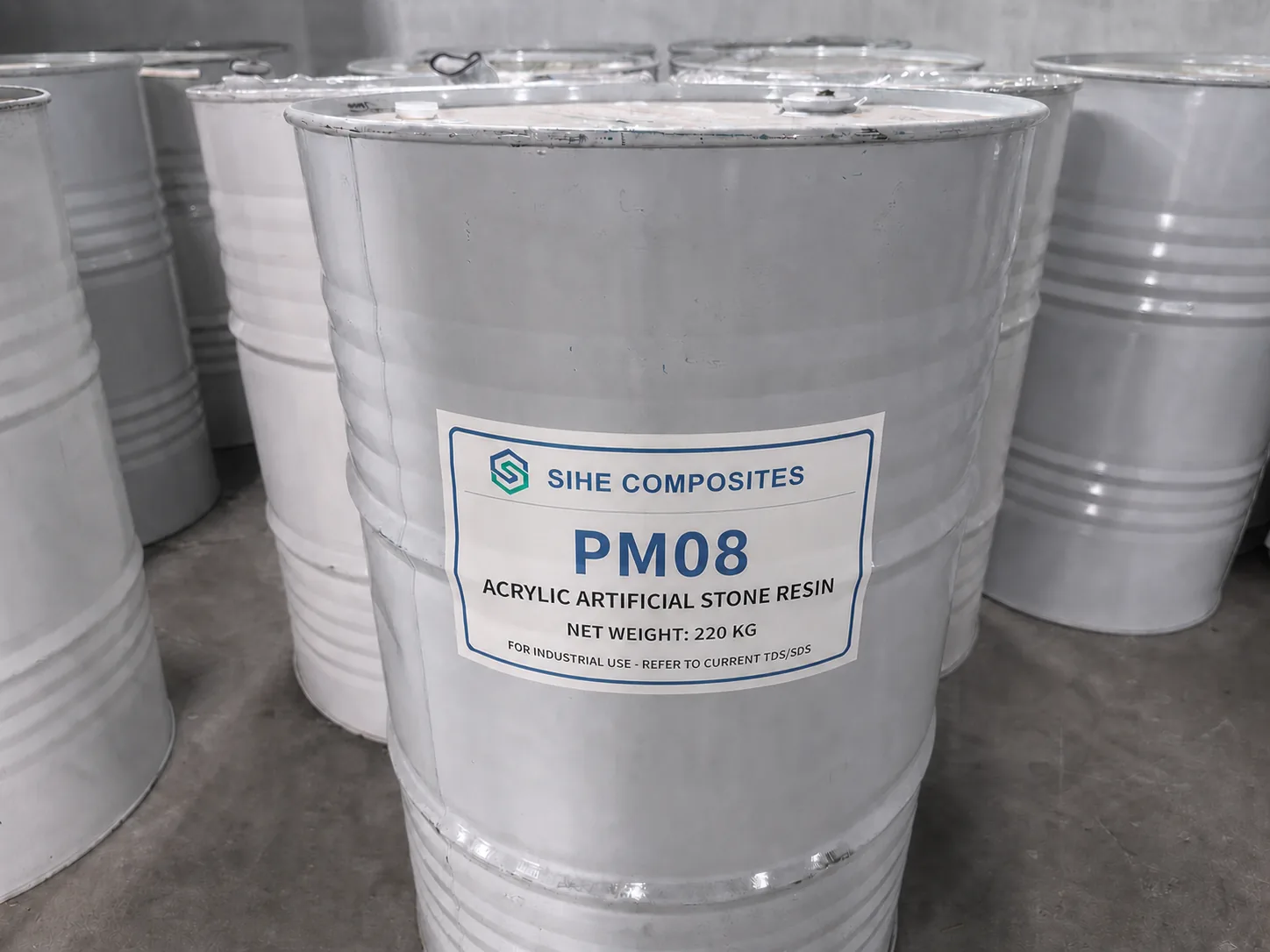 SIHE PM08 acrylic artificial stone resin in a 220 kg steel drum