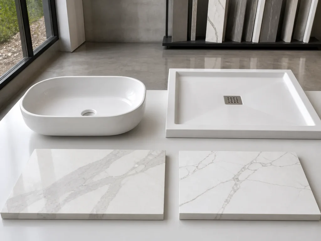 Composite wash basin, shower tray and polished artificial stone samples