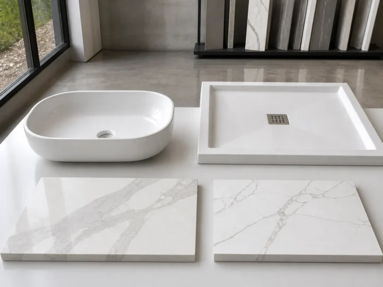 Composite wash basin, shower tray and polished artificial stone samples