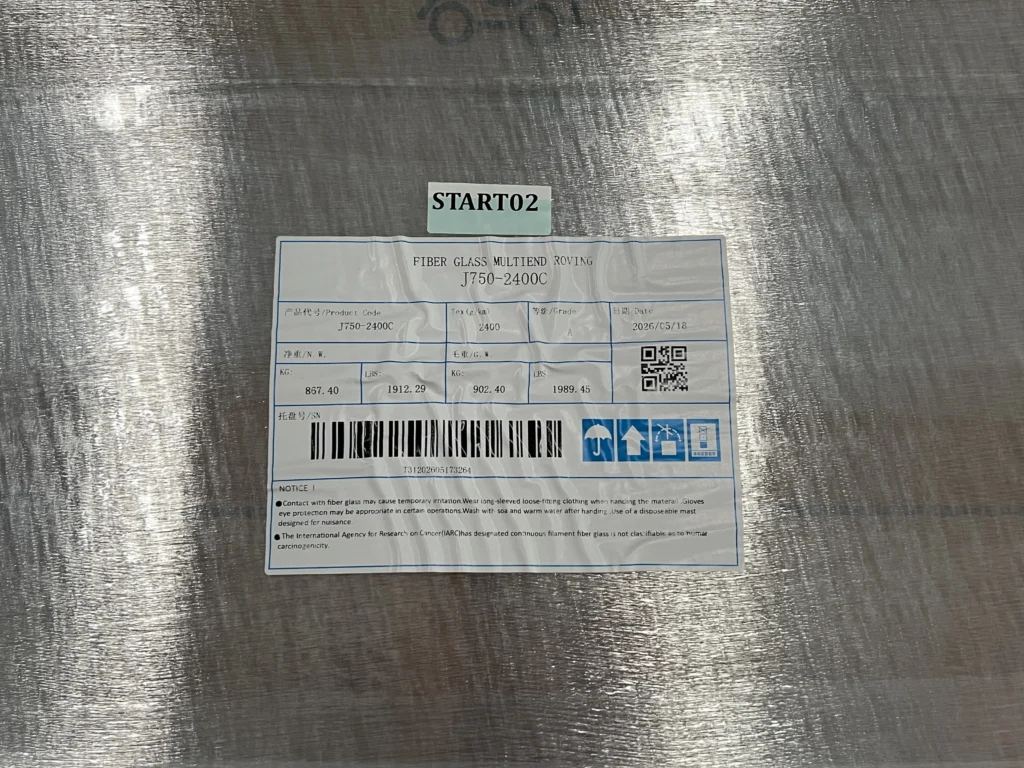 Product label on a wrapped roving pallet